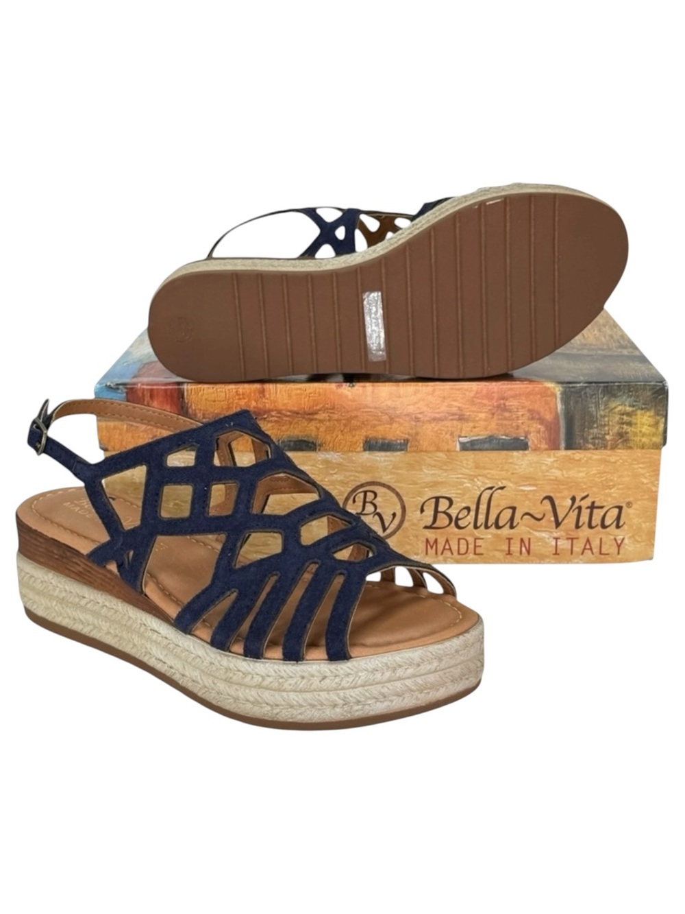 Bella Vita Zip-Italy Navy Leather Womens Wedge Sandals Size 12M - Picture 13 of 14